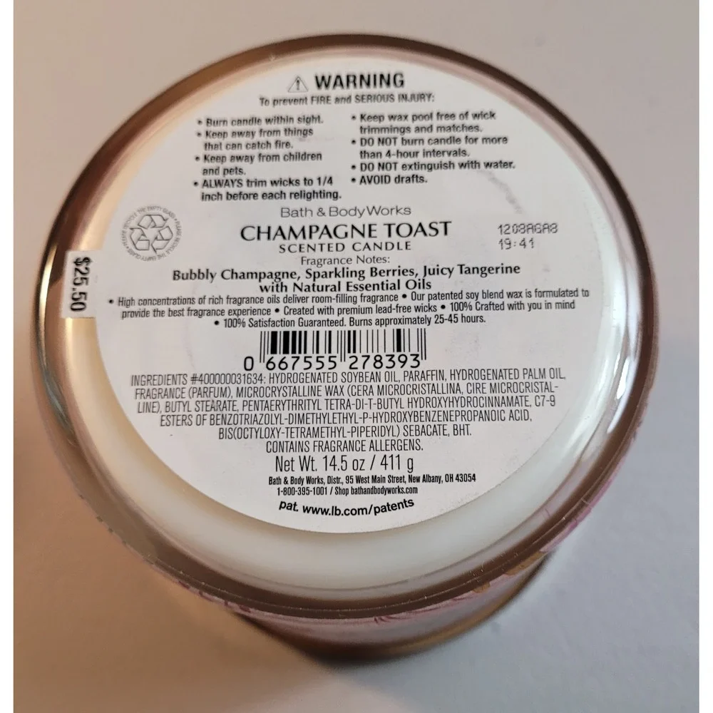 Bath Body Works‎ Champagne Toast 3 Wick Scented Candle 14.5 oz New - Picture 4 of 4